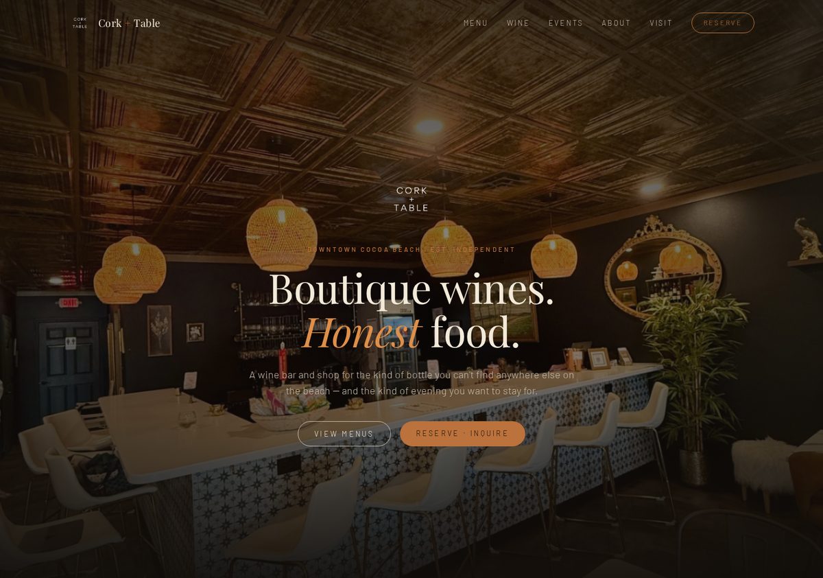 Homepage of the Cork + Table Cocoa Beach website