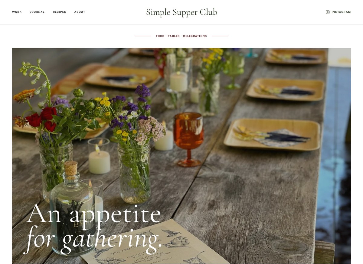 Simple Supper Club homepage with a garden table and the headline An appetite for gathering