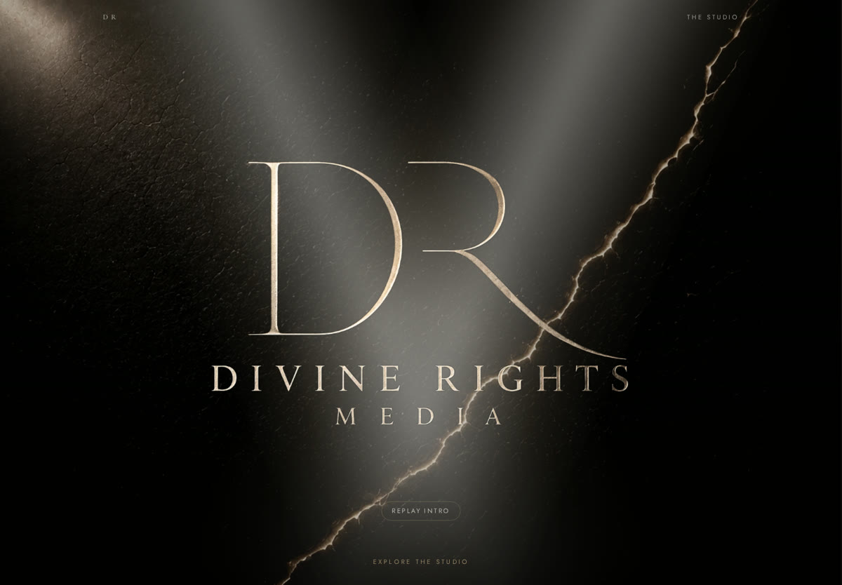 Divine Rights Media Two Beams animated homepage with diagonal spotlights and illuminated center crack